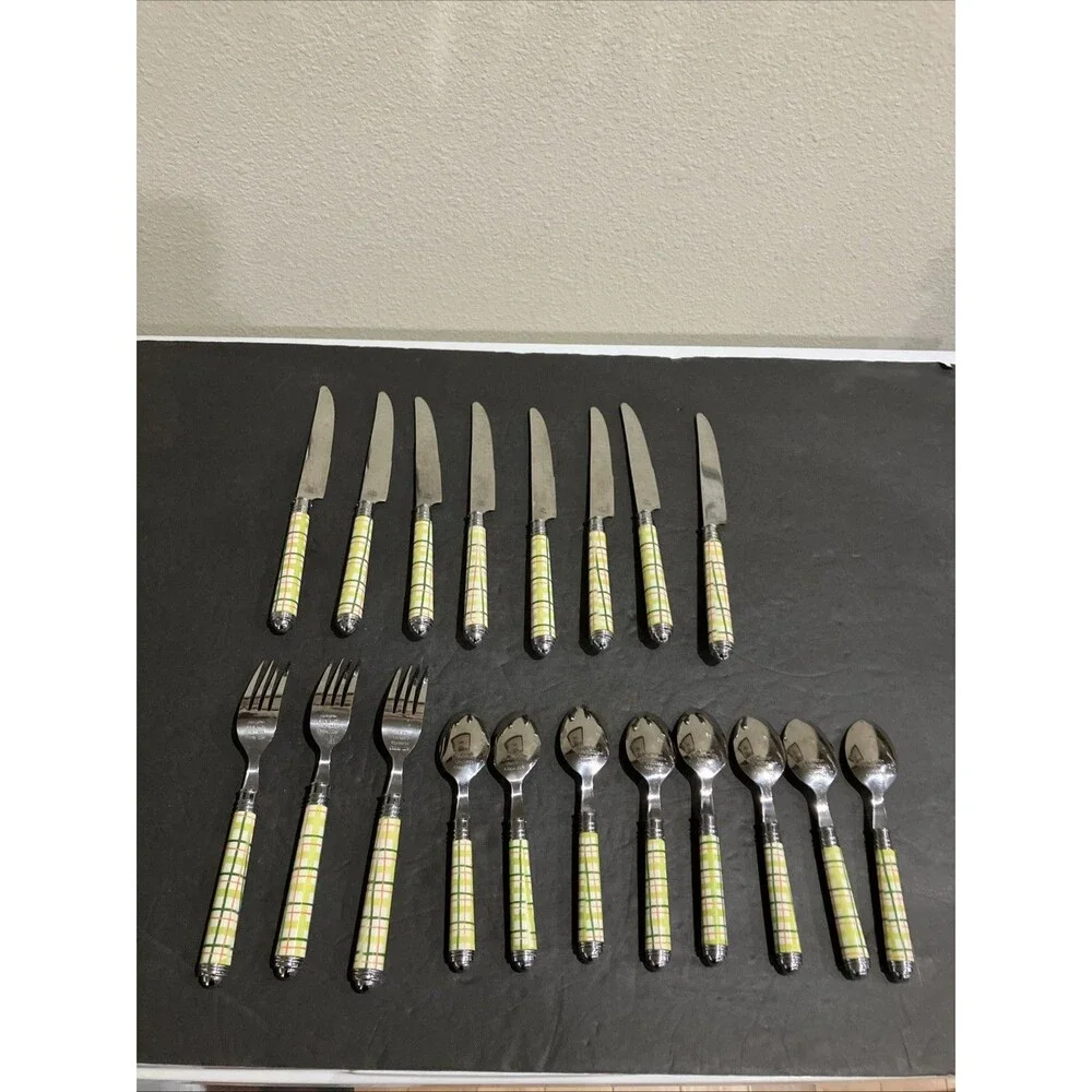 Vintage Hampton Silversmiths Plaid Flatware Set 19 Pc Yellow Orange Gingham 226